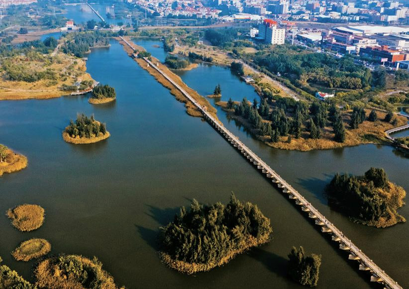 Aerial view of Anping Bridge crossing its wetland landscape