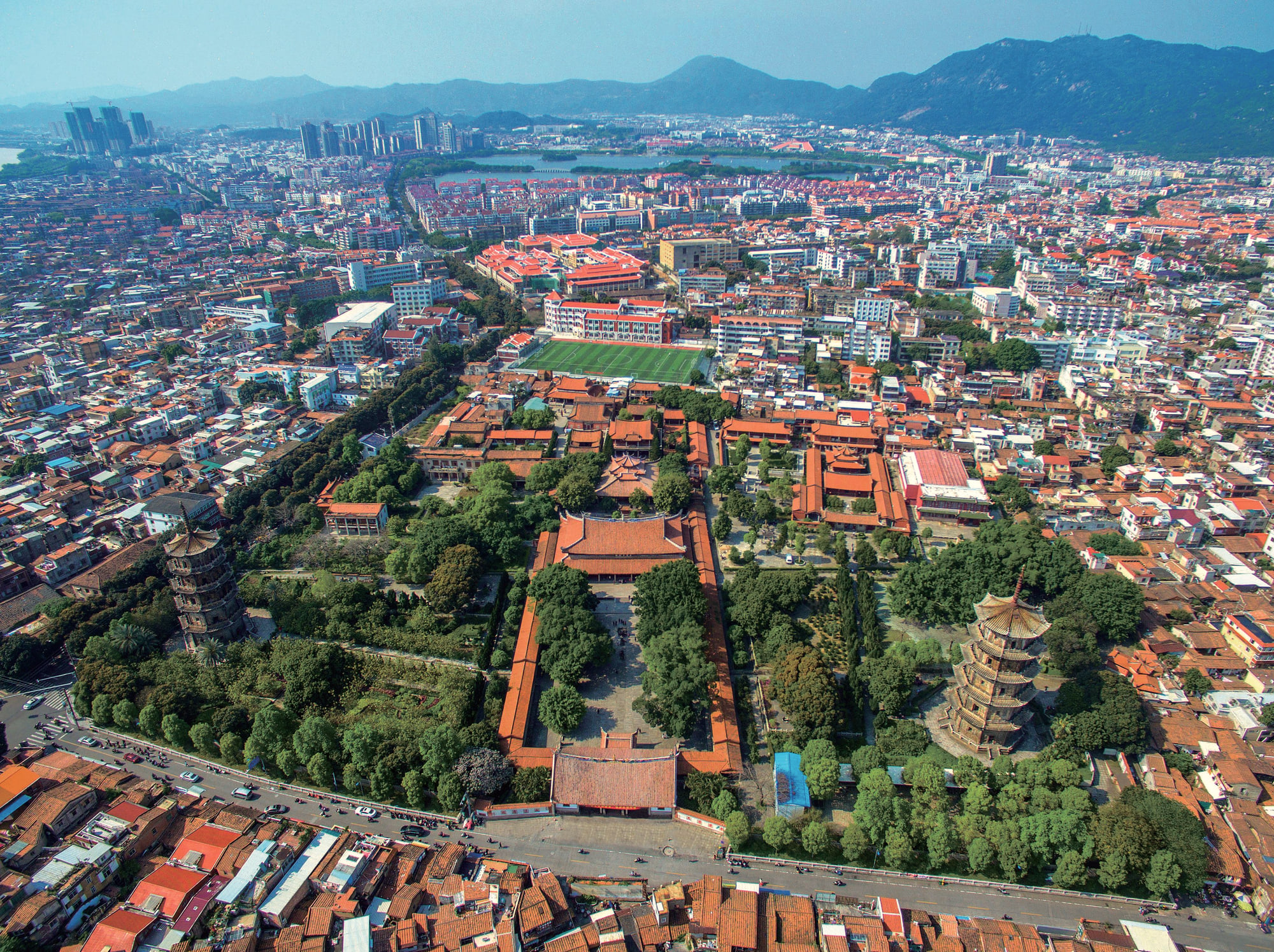 Aerial view of Kaiyuan Temple and its twin pagodas in Quanzhou